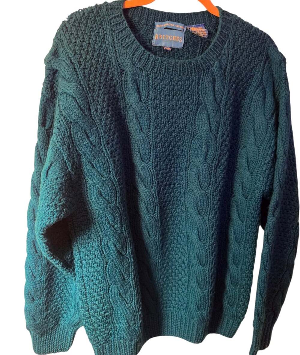 Vtg Britches Mens Handknit Wool Fisherman Dark Turquoise Cable Knit Sweater Sz M